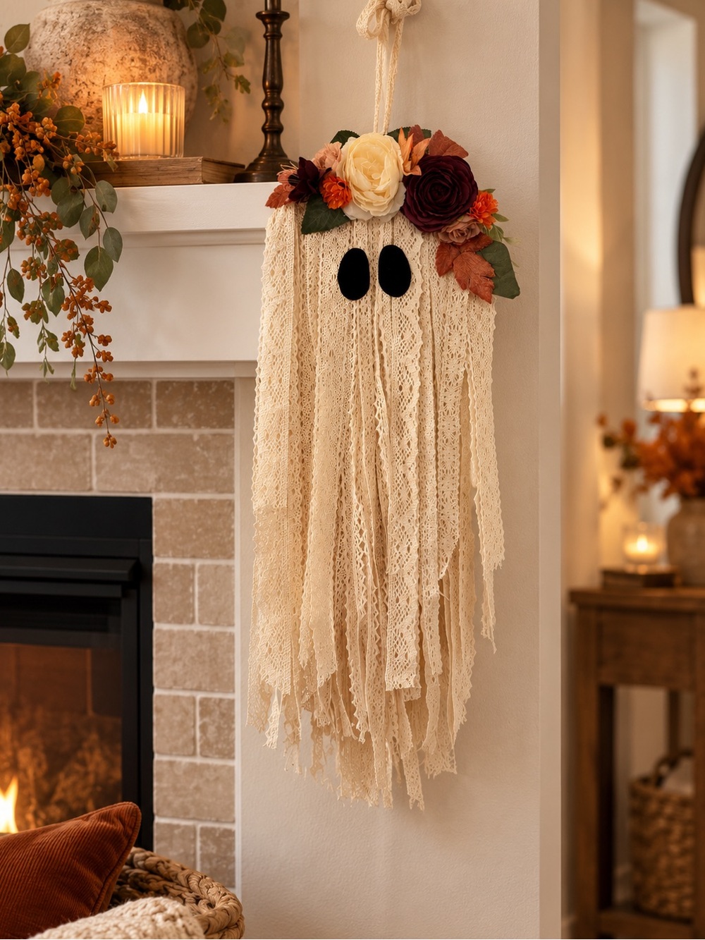 Lace Cream Hanging Ghost Wall Decor with Floral Crown - Halloween Decor